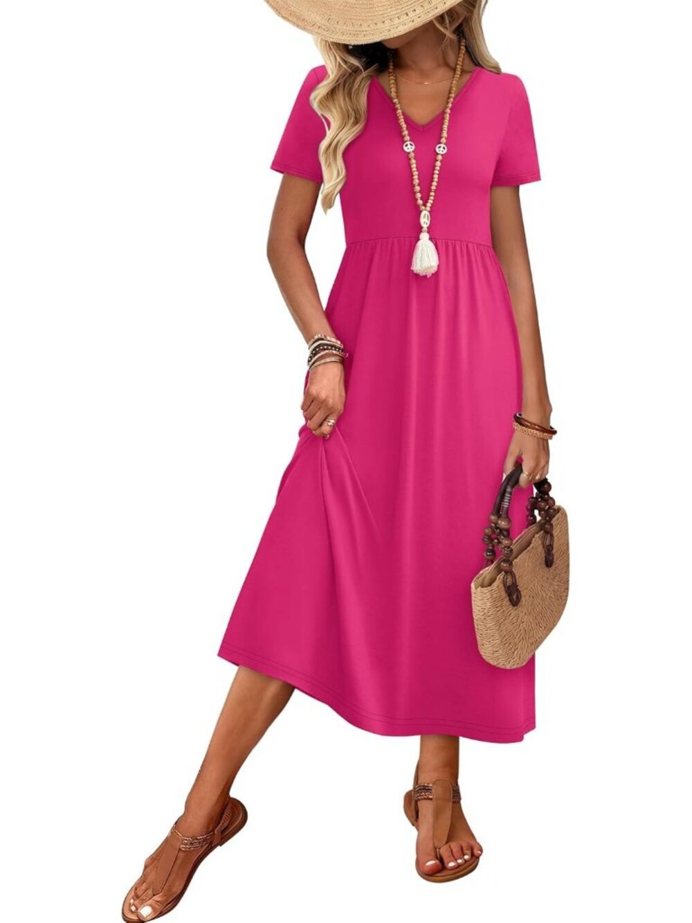 Women's Solid Pink Flowy Casual A Line Midi Beach Sundresses With Pocket - Picture 4 of 5